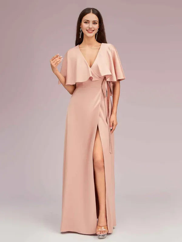 Robe Weitese trapèze élégante, manches chauve-souris, col en V, fente latérale, longue, en satin doux, longueur au sol, robes de bal